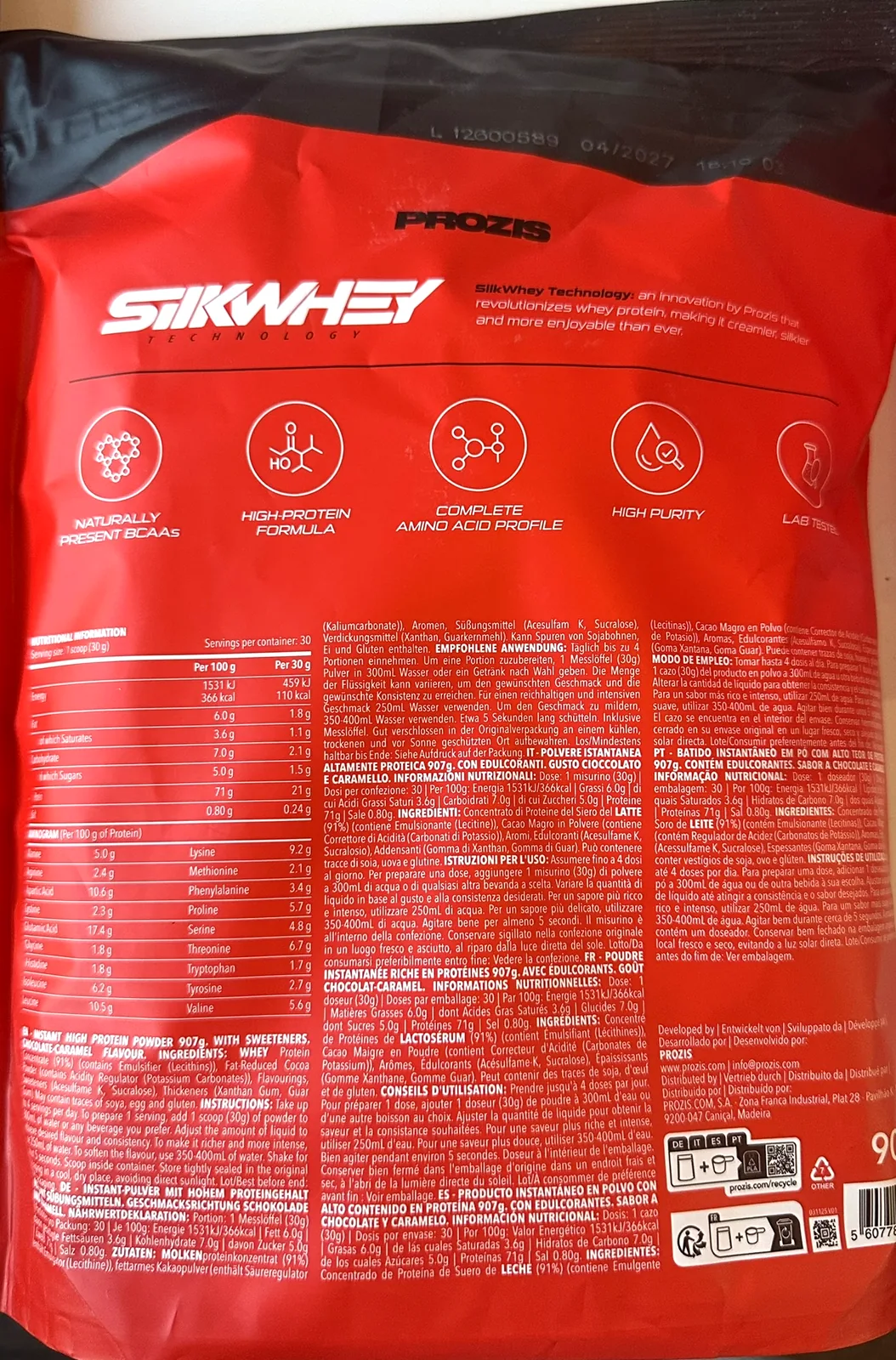 Dos du sachet 100% Real Whey Protein : tableau nutritionnel et profil en acides aminés