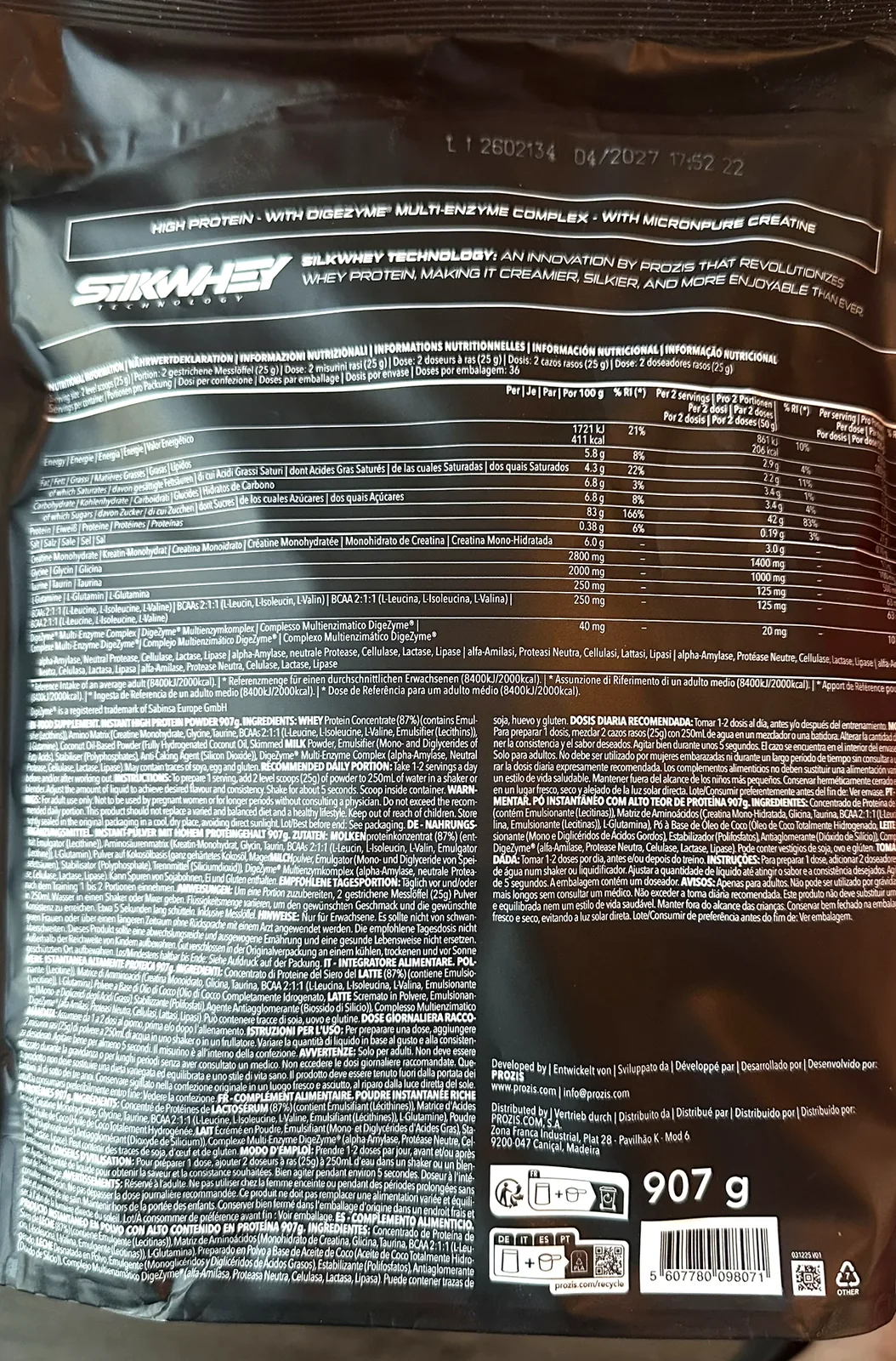 Dos du sachet 100% Whey Prime + Creatine : tableau nutritionnel et liste d’ingrédients