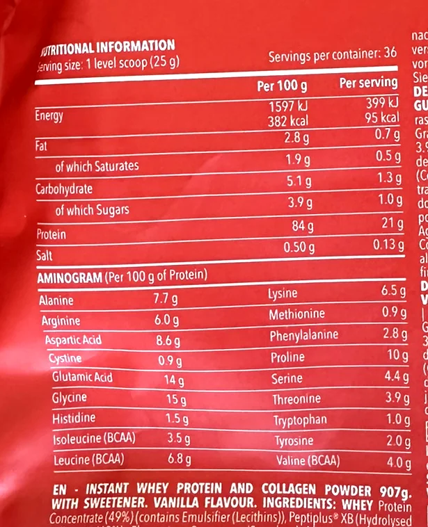 Tableau nutritionnel, aminogramme et ingrédients du Real Whey Hydro + Collagen