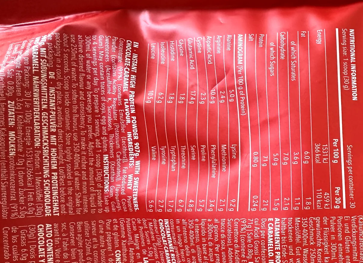 Tableau nutritionnel et aminogramme du 100% Real Whey Protein