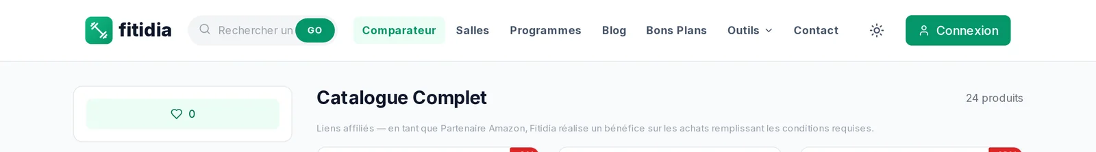Le catalogue Fitidia avec ses filtres par catégorie
