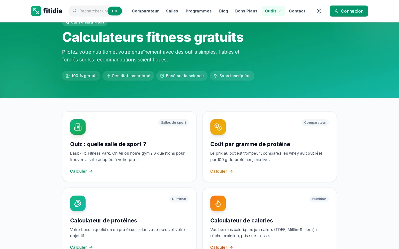 La page des calculateurs fitness gratuits