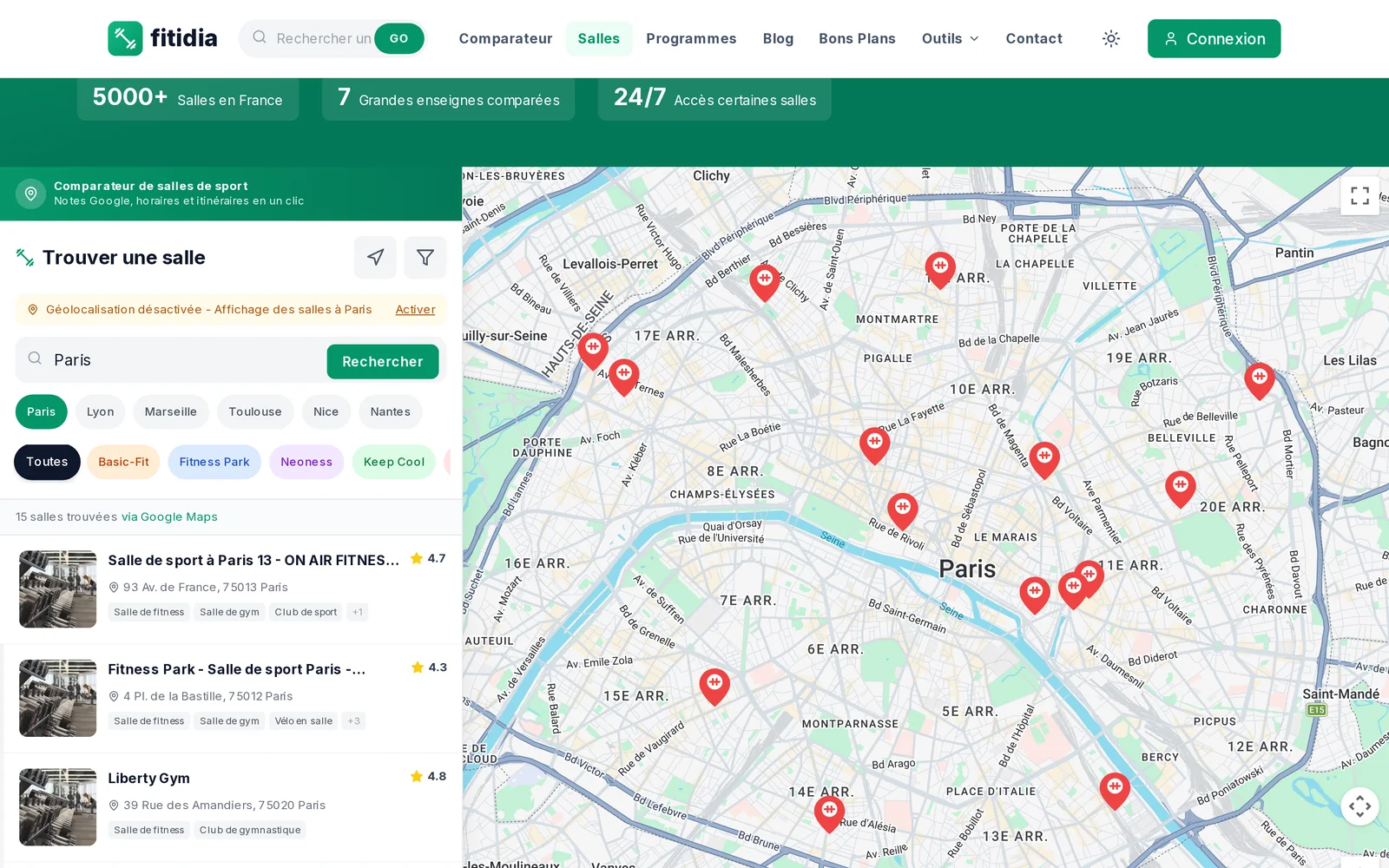 La carte des salles de sport avec les enseignes filtrables