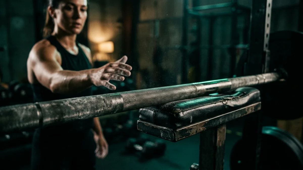 Barre olympique sous une lumière rasante dans une salle de sport