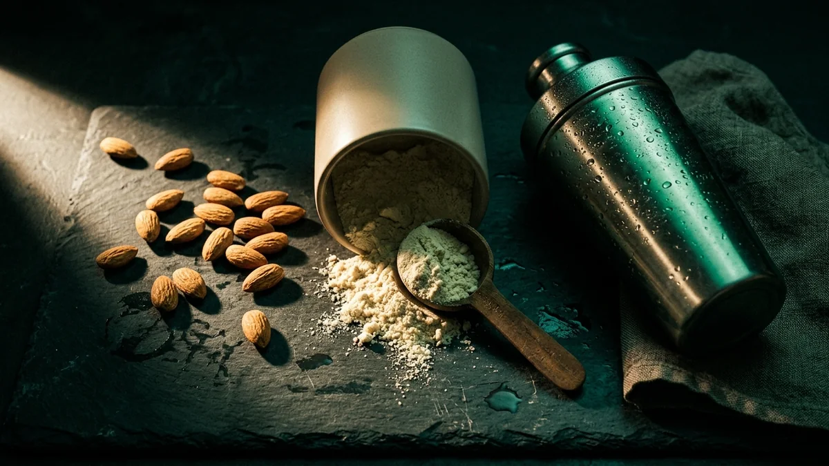 Nature morte : dosette de protéines, amandes et shaker