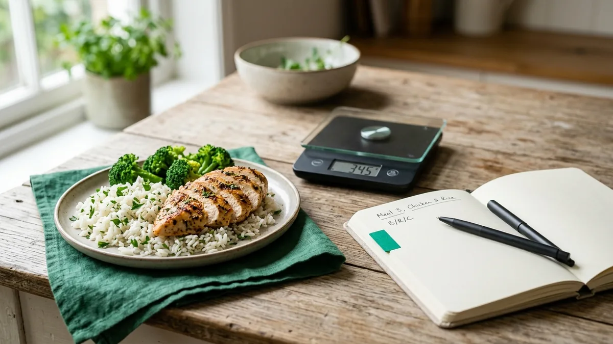 Assiette équilibrée, balance de cuisine et carnet de suivi