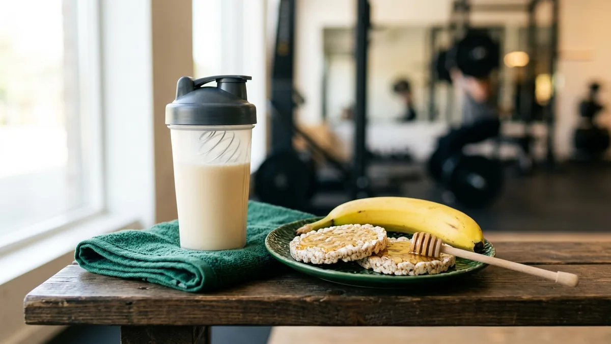 Banane, galettes de riz et shaker sur un banc de musculation