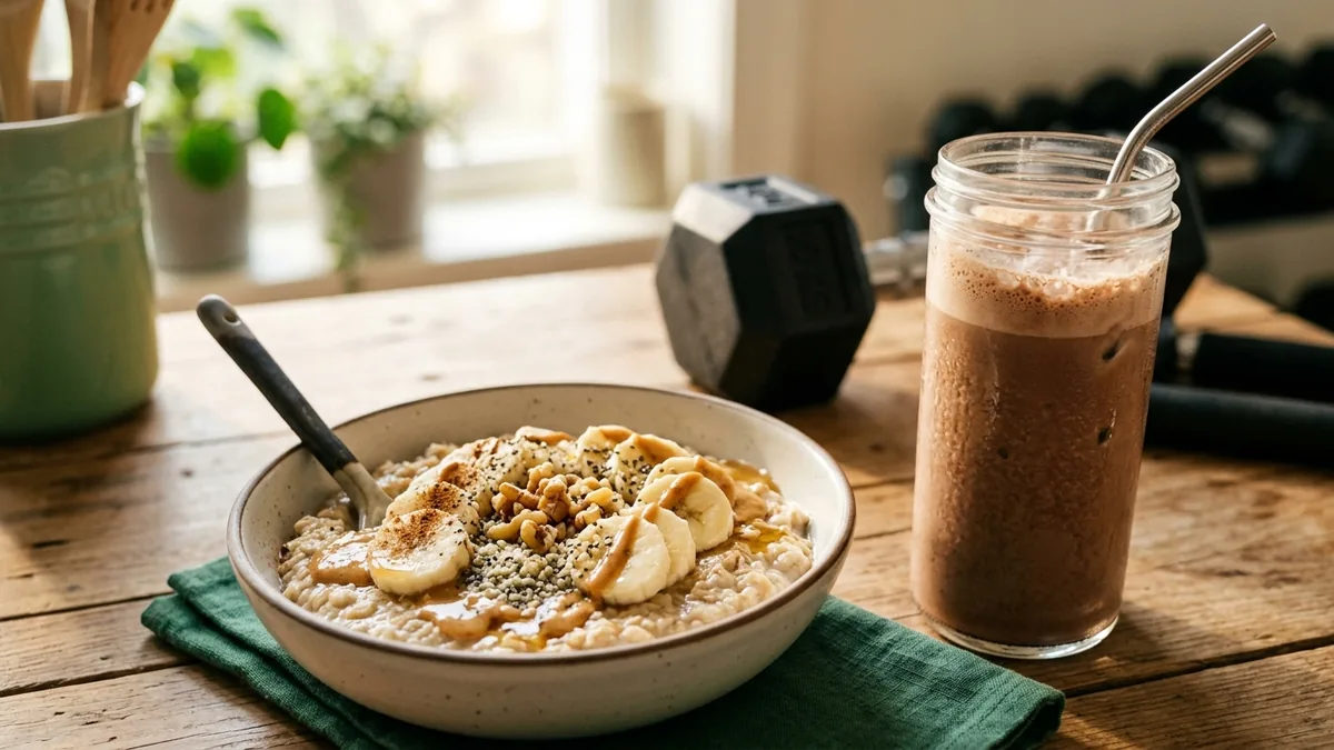 Bol d'avoine, banane, beurre de cacahuète et shake protéiné
