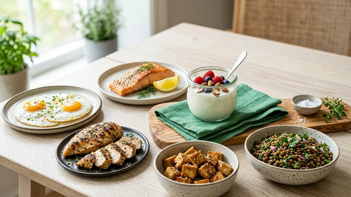 Sources de protéines : œufs, poulet, saumon, skyr, tofu, lentilles
